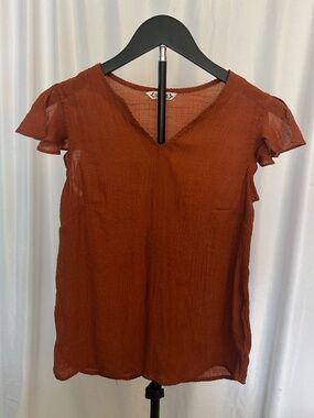 Nanette Lepore Rust Brown Sheer Flutter Sleeve Blouse XS Description: